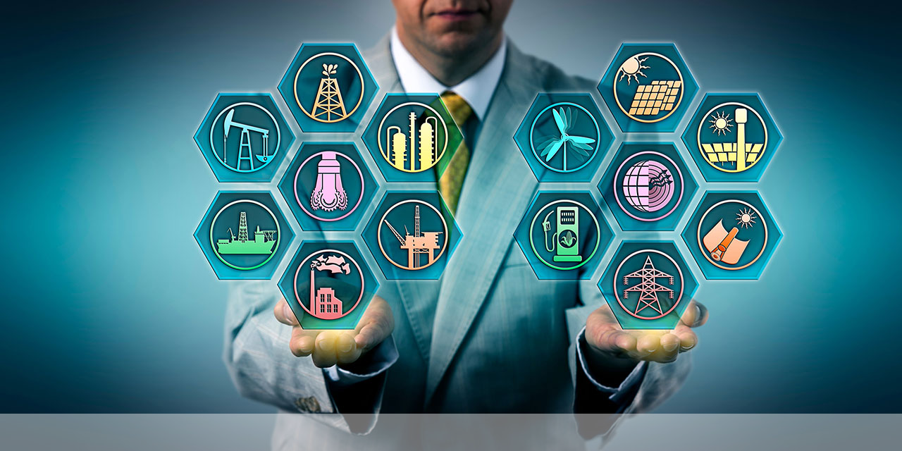 Man holding out hand with icons floating above them