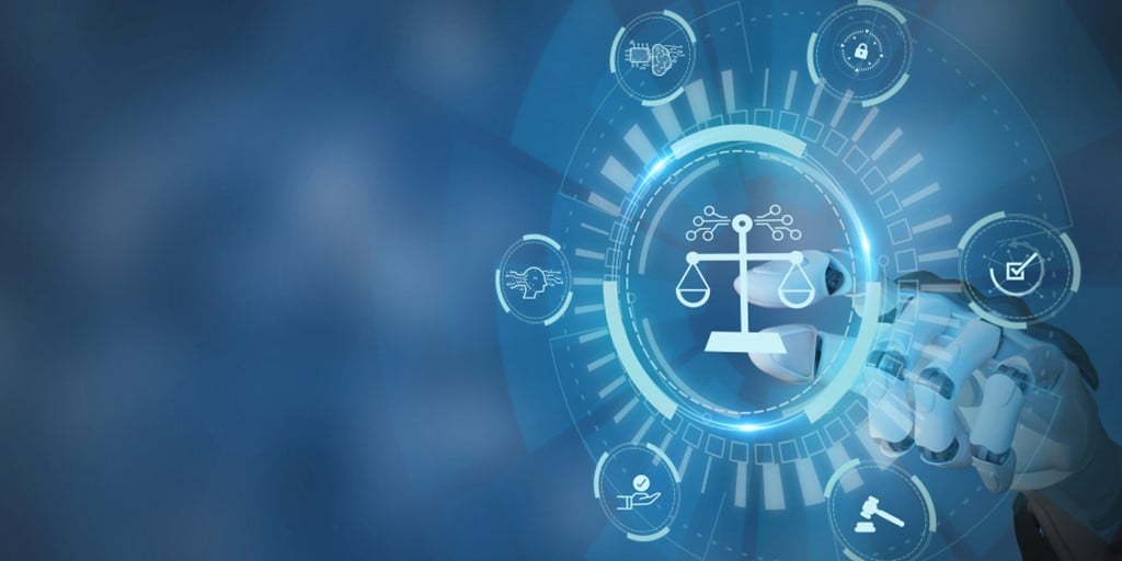 Abstract image of a hand touching floating legal related icons