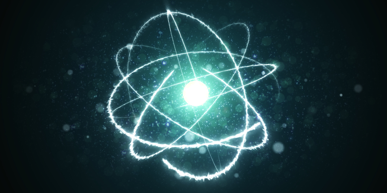 Glowing atom with orbiting electrons on a dark, cosmic background with scattered light particles.