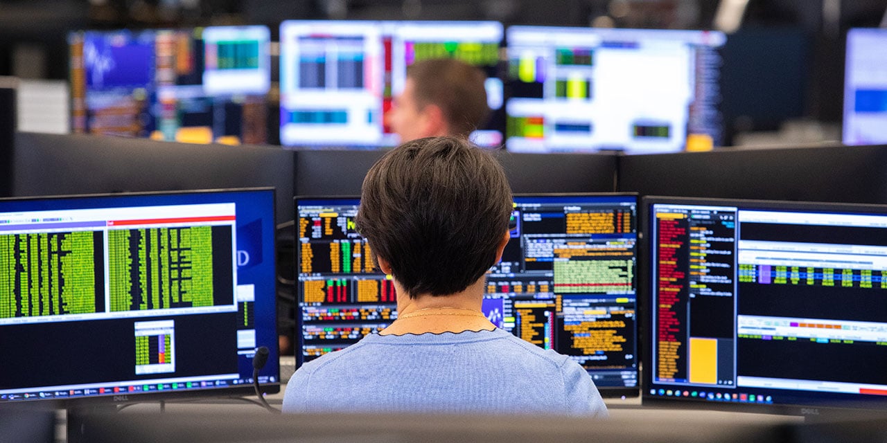 Image of person looking at computer monitors.