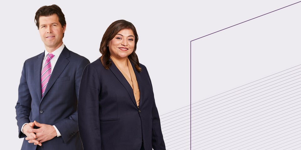 Composite graphic featuring Dan Laubush and Adela Ortiz